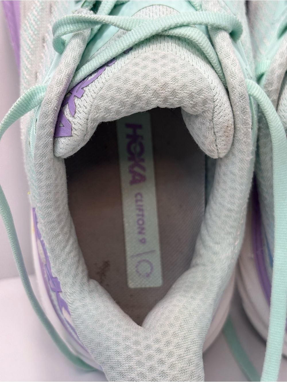 Hoka Clifton 9 Women's Size 10B Running Shoes Mint Green/Purple/White Sneakers - Picture 15 of 16